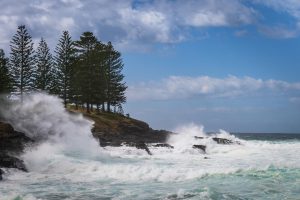 Kiama Beach NSW, Australia foreshore on a windy stormy day with waves smashing into the rocks